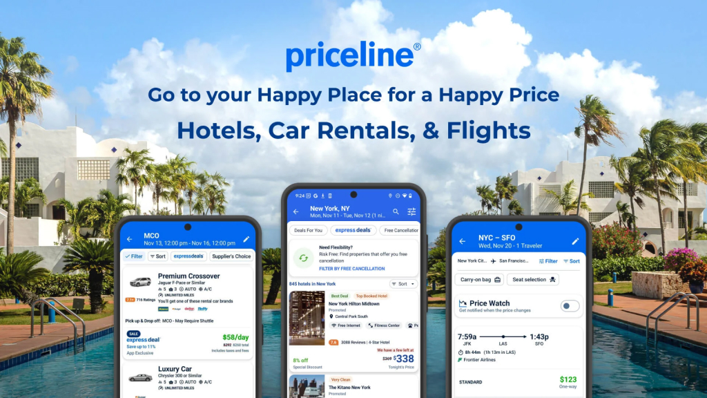 Aplicaci&oacute;n Priceline para hoteles, vuelos y alquiler de coches