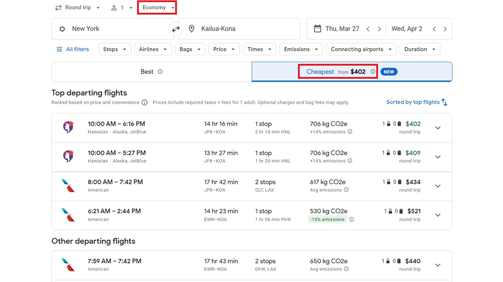 Booking flights to Hawaii on Google Travel