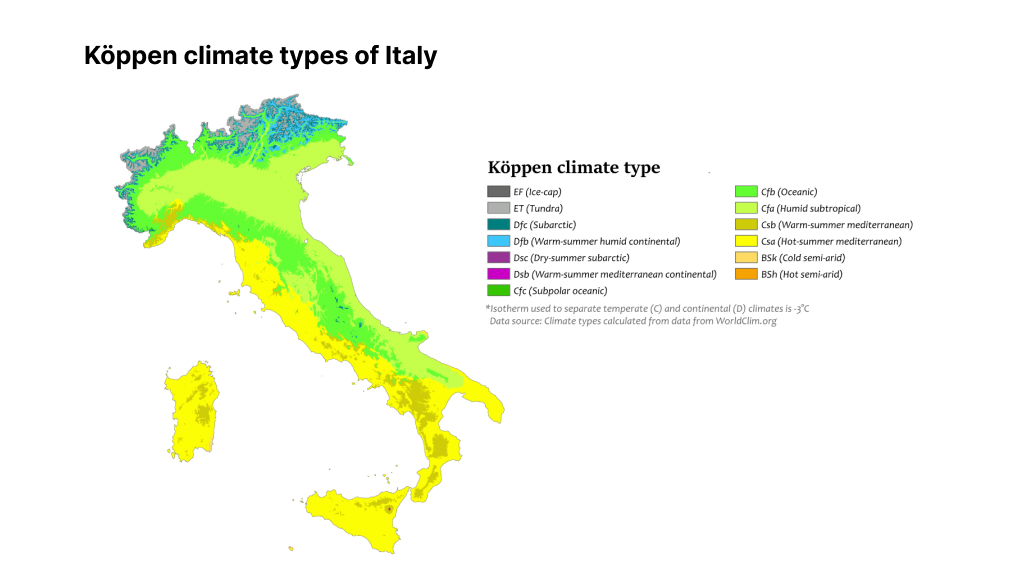 weather and temperatures in Italy - map