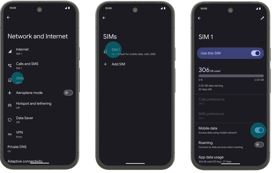 Google Pixel SIM card operator roaming settings - screenshot