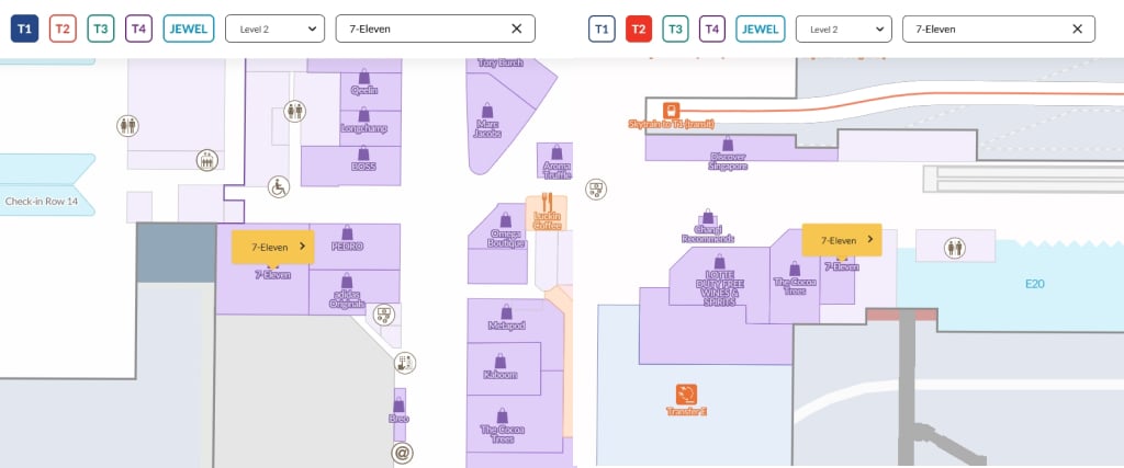 7-Eleven branches map in Singapore airport Terminal 1 and 3