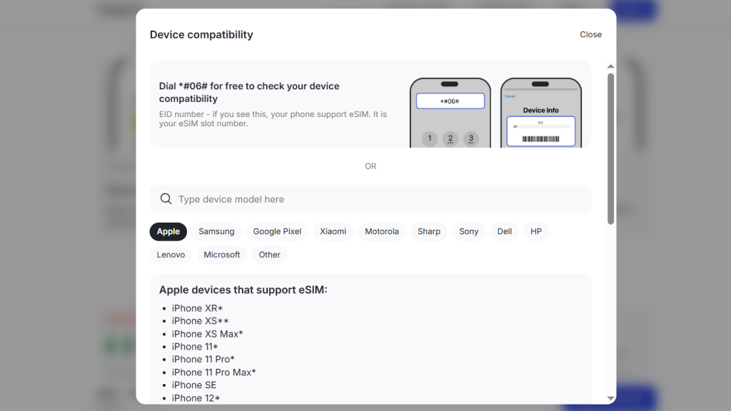 check the device compatibility for eSIM