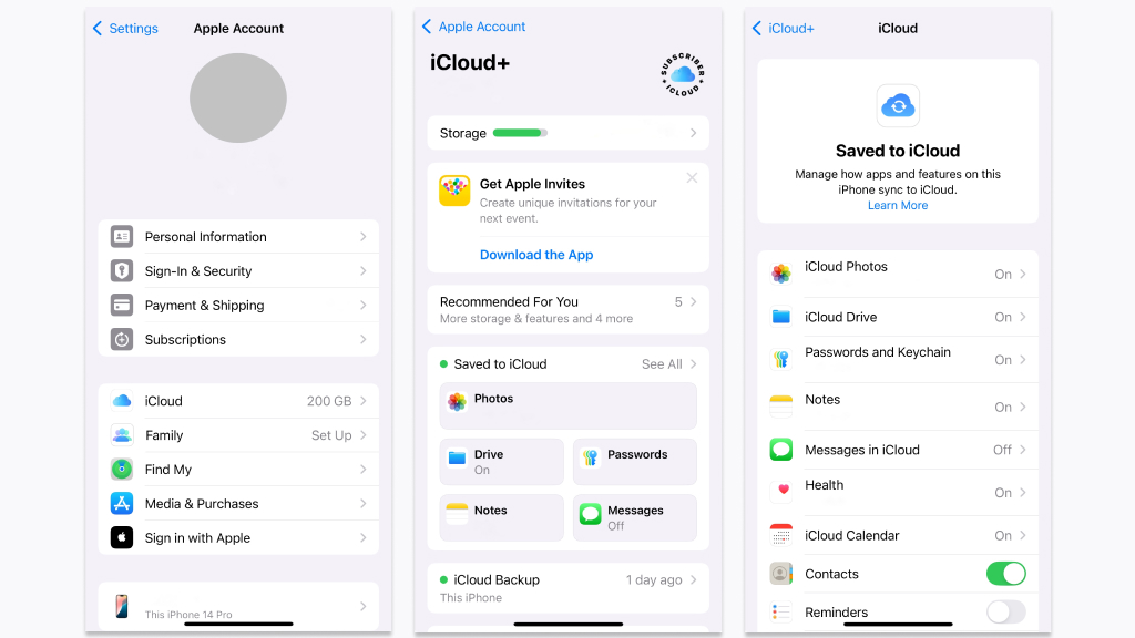Apple iCloud settings in iPhone