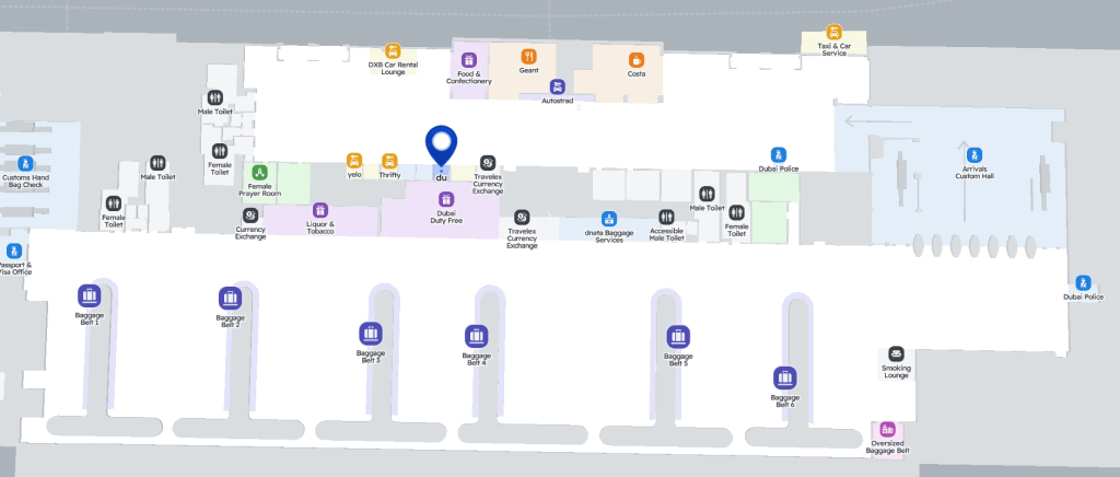 Dubai Airport T2 map - DU SIM card stores