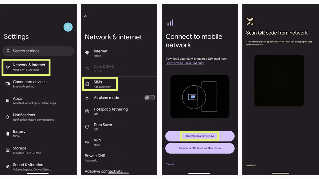 eSIM network setup in Google Pixel
