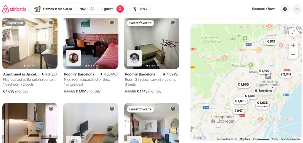 Airbnb monthly rent prices in Barcelona