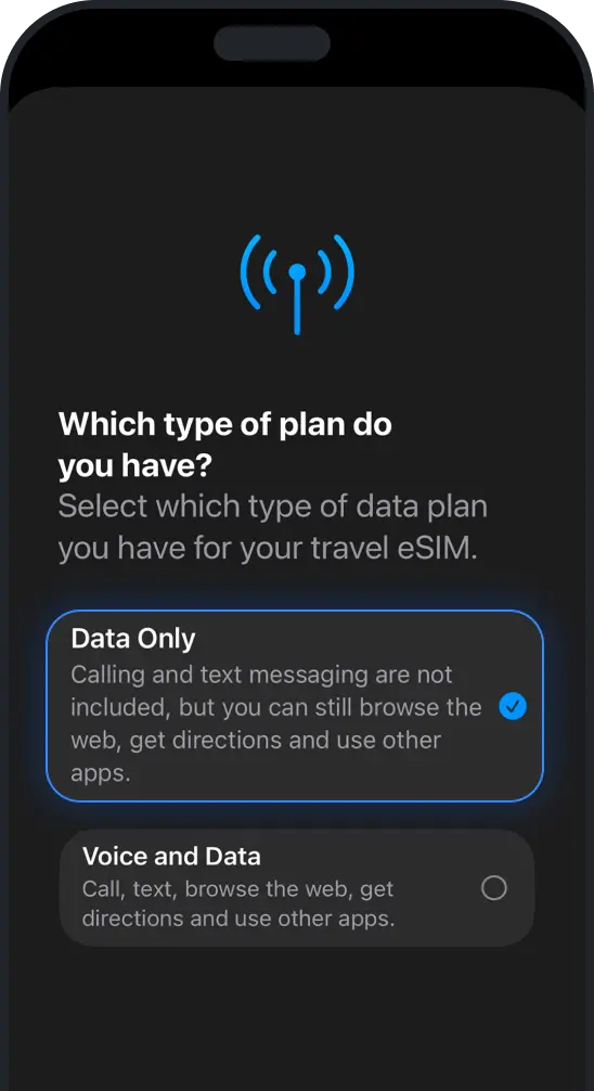 elecci&oacute;n de la eSIM de viaje solo para datos