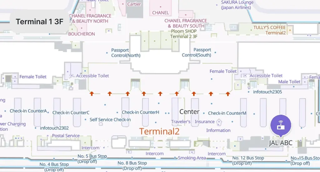 Mostradores ABC de JAL en la Terminal 2 del aeropuerto de Narita